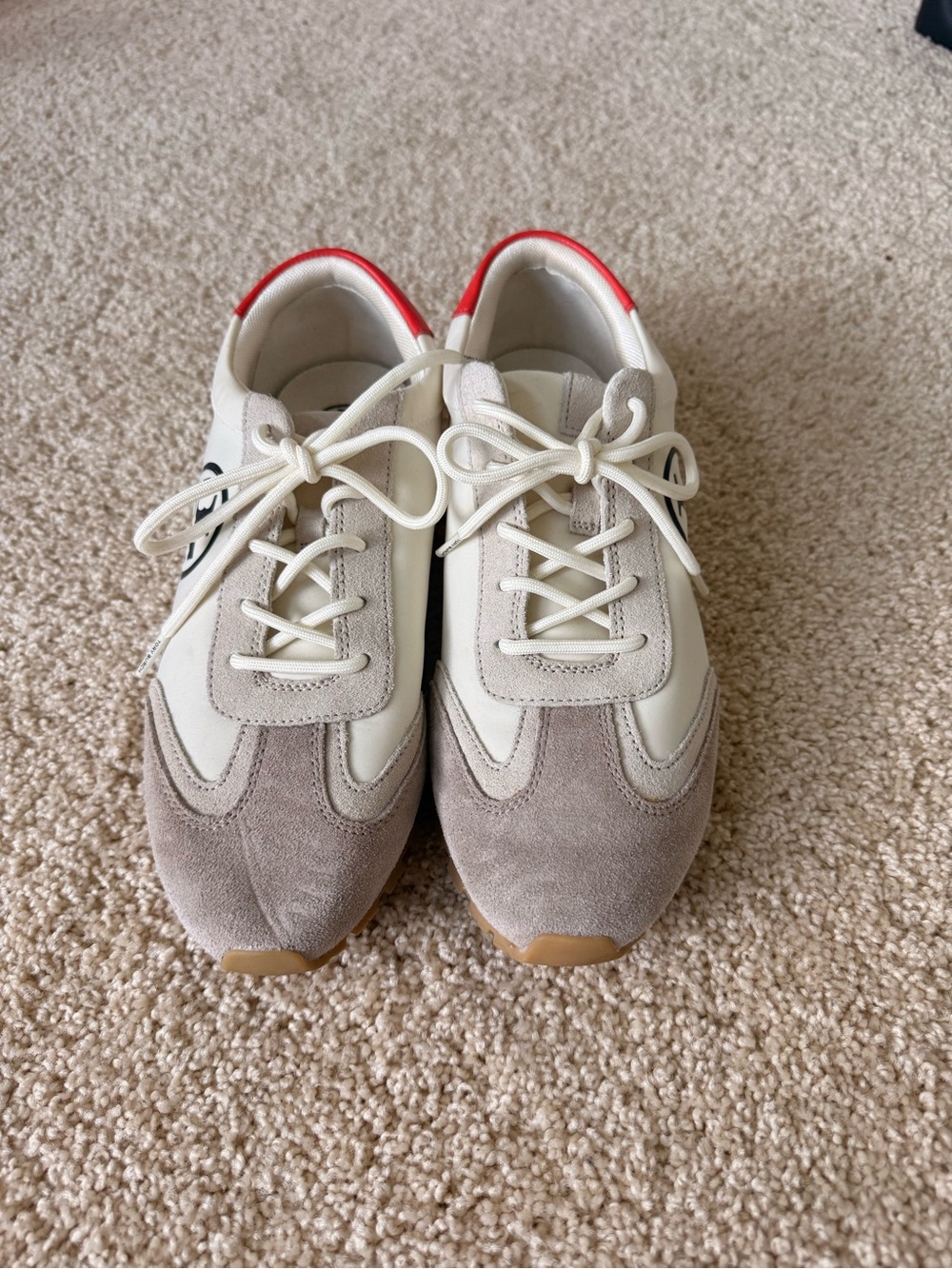 Neutral Suede & Leather Sneaker with Orange Heel and Forest Green Sole Accent